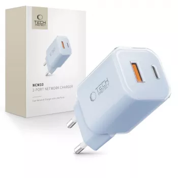 Încărcător de rețea cu 2 porturi TECH-PROTECT NCM33 PD 33W / QC3.0 albastru bebeluș