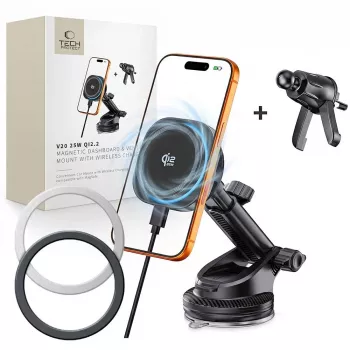 Suport auto magnetic MagSafe pentru bord & grilă de ventilație TECH-PROTECT V20 ARCTICBOOST cu încărcare wireless 25W Qi2.2 negru