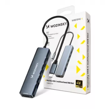 Hub USB-C WOZINSKY WHBC10Y4S 6-in-1 multifuncțional din aluminiu cu cablu de 15 cm - gri