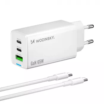 Wozinsky GaN 65W Charger with USB-A and 2x USB-C Ports and USB-C Cable 65W - White