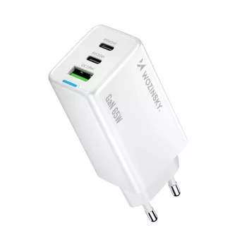 Wozinsky GaN 65W Charger with USB-A and 2x USB-C Ports and USB-C Cable 65W - White