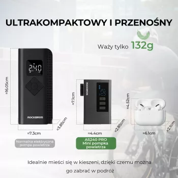 Pompă de aer fără fir ROCKBROS AS240 PRO, compresor 120 PSI, 420 mAh, Negru