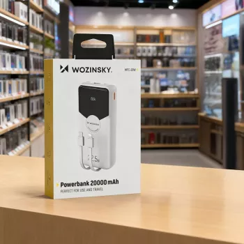 Powerbank Wozinsky WFC-15W 20000mAh 22.5W PD20W cu cabluri Lightning și USB-C integrate - Alb