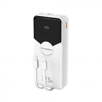 Powerbank Wozinsky WFC-15W 20000mAh 22.5W PD20W cu cabluri Lightning și USB-C integrate - Alb