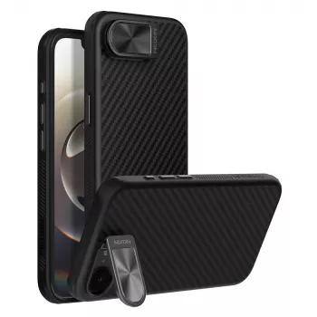 Husă magnetică Nillkin CarboProp cu capac pentru cameră și suport pentru iPhone 16e / 17e - neagră