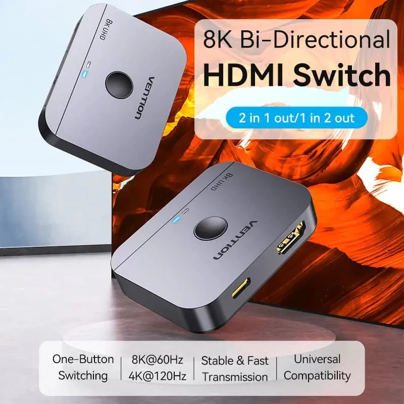 Switch HDMI 2.1 bidirecțional VENTION cu 2 porturi 8K