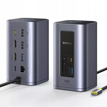 Hub USB-C Baseus Air Spacemate 12-in-1, 2x HDMI 4K@60Hz, 2x USB-C 10Gbps, 2x USB-A 5Gbps, 2x USB-A 480Mbps, RJ45, SD/microSD, USB-C PD, gri