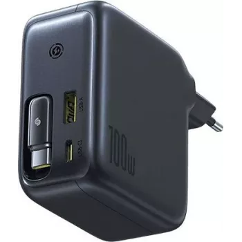 Baseus EnerCore CJ11 100W GaN încărcător de perete cu cablu USB-C retractabil, 2 porturi USB-C și 1 port USB-A, negru