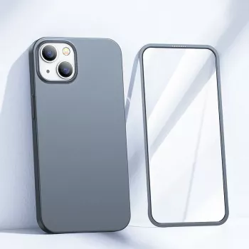 Husă 360 Full Joyroom pentru iPhone 13, capac față și spate + protecție de ecran din sticlă securizată, Tarnish Grey (JR-BP927)