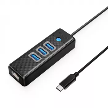 Hub USB 3.0 ORICO PW3UR25-C3 cu 4 porturi și adaptor Ethernet 2.5G, cablu 0,5m, negru