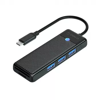 Hub USB 3.0 ORICO PAPW3AT-U3 cu 4 porturi și cititor de carduri SD/MicroSD, cablu 1,8m, negru