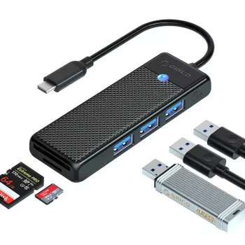 Hub USB 3.0 ORICO PAPW3AT-U3 cu 4 porturi și cititor de carduri SD/MicroSD, cablu 1,8m, negru