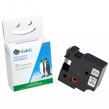 Bandă etichetă G&G 12mm x 7m alb pe negru compatibilă cu DYMO 45013
