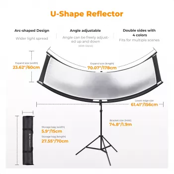 K&F Concept Reflector curbat U-Shape 4 în 1 180x60cm cu stativ de lumină și geantă de transport