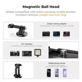 Suport cu bază magnetică și cap sferic 3D KF pentru cameră GoPro smartphone cu filet 1/4 inch KF31.156 negru
