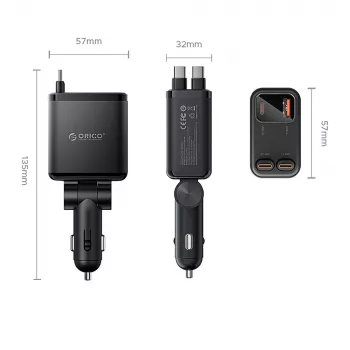 Încărcător auto ORICO Twin Reach 45W USB-A + USB-C cu două cabluri USB-C retractabile - negru