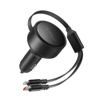 Încărcător auto ORICO Dual Stretch 60W USB-C cu două cabluri retractabile USB-C + Lightning - negru