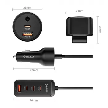 Încărcător auto ORICO ChargeClip 108W cu clemă, 2x USB-A + 4x USB-C, negru