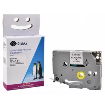 Bandă de etichete compatibilă G&G pentru Brother TZe-111, transparentă cu imprimare neagră, 6 mm x 8 m, PET laminat