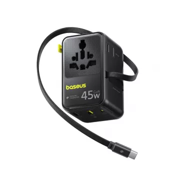 Baseus PicoGo AG11 45W Adaptor universal de călătorie 6-în-1 cu cablu USB-C retractabil - negru