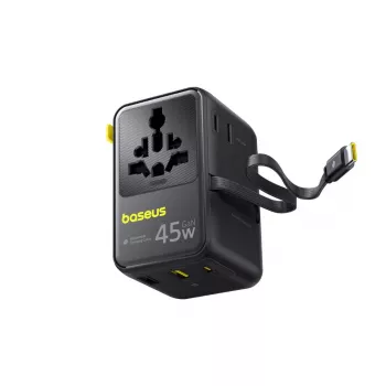 Baseus PicoGo AG11 45W Adaptor universal de călătorie 6-în-1 cu cablu USB-C retractabil - negru