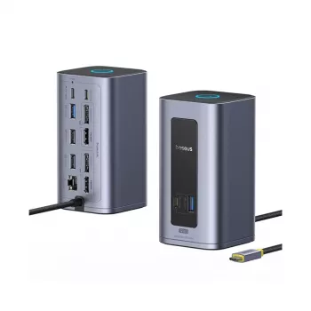 Baseus Nomos NU1 Air Spacemate Stație de andocare USB-C 12-în-1, 2x HDMI 4K@60Hz, 2x DP 4K@60Hz, 2x USB-C, 2x USB-A 5Gbps, 2x USB-A 2.0, RJ45 Gigabit Ethernet, gri