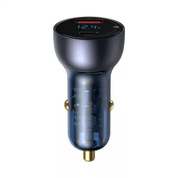 Încărcător auto Baseus Particular cu afișaj digital, USB-C + USB-A, QC3.0+PD, 65W, gri
