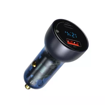 Încărcător auto Baseus Particular cu afișaj digital, USB-C + USB-A, QC3.0+PD, 65W, gri