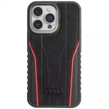 Husă rigidă din piele naturală MagSafe Audi pentru iPhone 15 Pro 6,1 neagră-roșu AU-TPUPCMIP15P-R8/D3-RD