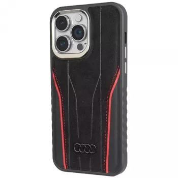 Husă rigidă din piele naturală MagSafe Audi pentru iPhone 15 Pro Max 6,7 neagră-roșu AU-TPUPCMIP15PM-R8/D3-RD