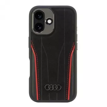 Husă rigidă MagSafe Audi din piele naturală pentru iPhone 16, neagră-roșu