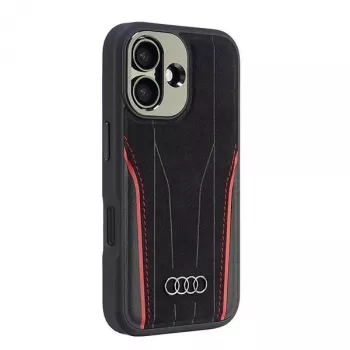 Husă rigidă MagSafe Audi din piele naturală pentru iPhone 16, neagră-roșu