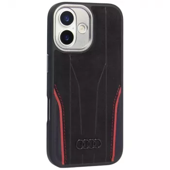 Husă MagSafe Audi R8 din piele naturală pentru iPhone 17, neagră-roșu