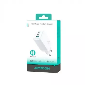 Încărcător de perete Joyroom JR-TG10 65W GaN 2x USB-C + USB-A cu cablu USB-C la USB-C 100W 1,2m Alb