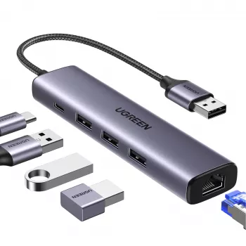 Hub UGREEN 5 în 1 USB-A la 3x USB 3.0 + RJ45 + USB-C (argintiu)