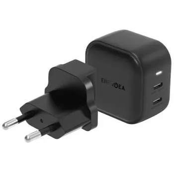Încărcător de călătorie ENERGEA Travelite GAN45 45W GaN USB-C cu două porturi, cu adaptoare US+EU, negru