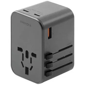 Adaptor ENERGEA Travelworld GaN65W 65W 1xUSB-A 2xUSB-C PD PPS QC 3.0 ștechere interschimbabile US/EU/UK gri gunmetal