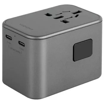 Adaptor ENERGEA Travelworld GaN65W 65W 1xUSB-A 2xUSB-C PD PPS QC 3.0 ștechere interschimbabile US/EU/UK gri gunmetal