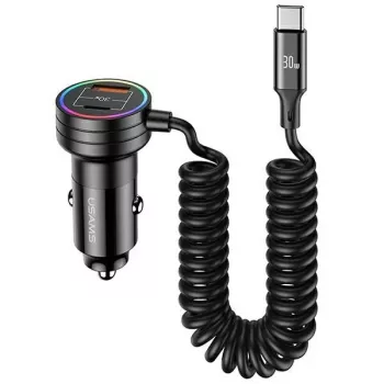 Încărcător auto USAMS 60W 2xUSB-C 1xUSB-A cu cablu spiralat, încărcare rapidă PD QC, negru CC167CC01