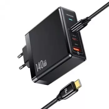 Încărcător de perete USAMS T52PD140W 140W GaN cu cablu USB-C 240W, 2xUSB-C + 1xUSB-A, încărcare rapidă PD, negru (US-CC168 + US-SJ581) seria UM UMXLOGTC01