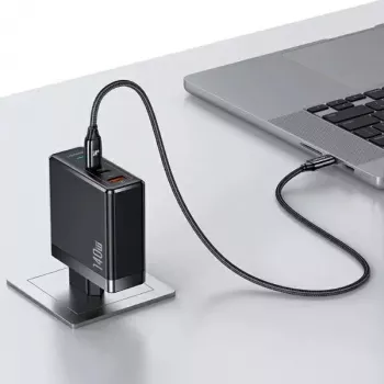 Încărcător de perete USAMS T52PD140W 140W GaN cu cablu USB-C 240W, 2xUSB-C + 1xUSB-A, încărcare rapidă PD, negru (US-CC168 + US-SJ581) seria UM UMXLOGTC01