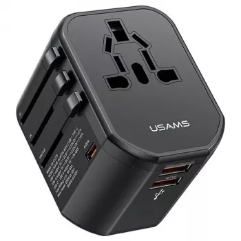 Încărcător universal de călătorie USAMS T59 20W cu 2 porturi USB-A și 1 port USB-C, negru, ștechere interschimbabile US/AU/EU/UK