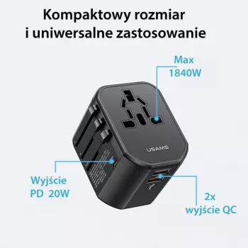 Încărcător universal de călătorie USAMS T59 20W cu 2 porturi USB-A și 1 port USB-C, negru, ștechere interschimbabile US/AU/EU/UK