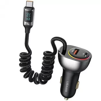 Încărcător auto USAMS C37 1xUSB-A + 1xUSB-C 60W cu cablu USB-C la USB-C 30W, încărcare rapidă PD+QC, negru CC192CC01 (US-CC192)