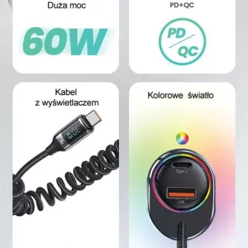 Încărcător auto USAMS C37 1xUSB-A + 1xUSB-C 60W cu cablu USB-C la USB-C 30W, încărcare rapidă PD+QC, negru CC192CC01 (US-CC192)