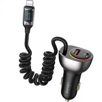 Încărcător auto USAMS C37 60W 1xUSB-A + 1xUSB-C PD+QC, încărcare rapidă, cu cablu Lightning 30W, negru CC193CC01 (US-CC193)