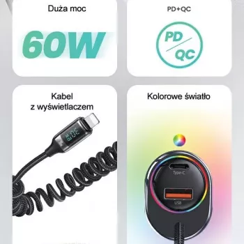 Încărcător auto USAMS C37 60W 1xUSB-A + 1xUSB-C PD+QC, încărcare rapidă, cu cablu Lightning 30W, negru CC193CC01 (US-CC193)