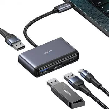 Adaptor hub USAMS 4 în 1 USB-C 2x USB 2.0 / USB 3.0 / USB-C gri închis SJ627HUB01 (US-SJ627)