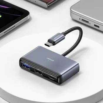 Adaptor hub USAMS 4 în 1 USB-C 2x USB 2.0 / USB 3.0 / USB-C gri închis SJ627HUB01 (US-SJ627)