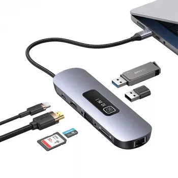 Adaptor hub USAMS 10 în 1 USB-C 3x USB 3.0, SD/TF, HDMI, VGA, RJ45, PD 100W, gri